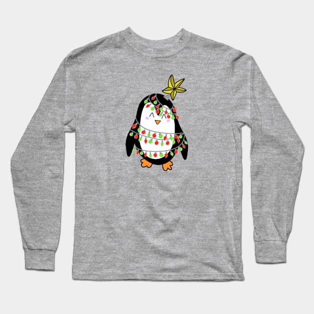 Cute Christmas Tree Lights Wrapped Penguin with a Star on his Head on a Green Backdrop, made by EndlessEmporium Long Sleeve T-Shirt by EndlessEmporium